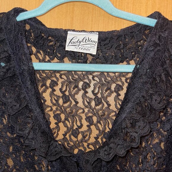 Lady Winn California by Teddi Womens Blouse Size Large Black Lace Ruffle Trim - Picture 3 of 9